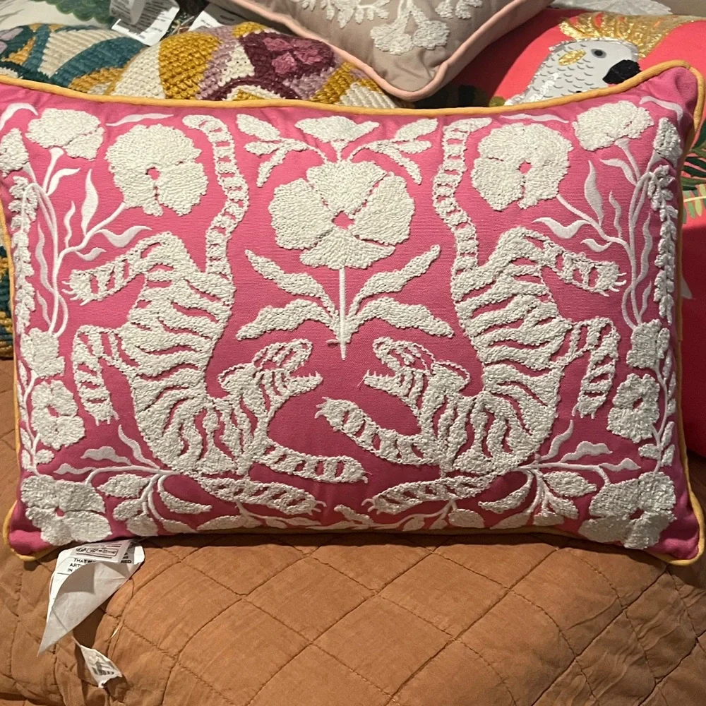 Anthropologie Kenia Embroidered Floral Indoor/Outdoor Pillow,Pink, NWT - Picture 3 of 3